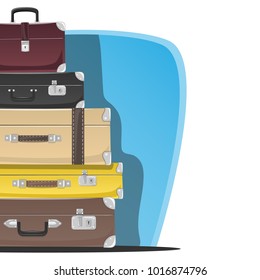 Five retro suitcases standing on top of each other. Place for text. Vector illustration.