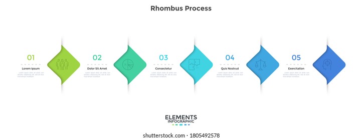 Five rhombus elements placed in horizontal row. Concept of 5 successive steps of business development progress. Modern infographic design template. Simple flat vector illustration for presentation.