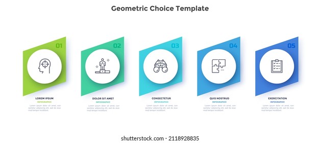 Five rhombuses placed in horizontal row. Concept of 5 options of business project to compare and select. Modern simple flat infographic vector illustration for information analysis, presentation.