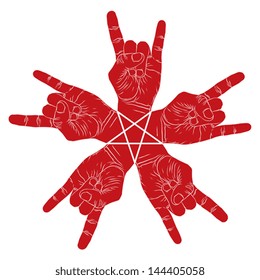 Five rock hands abstract symbol with five point star, black and white vector special emblem with human hands.