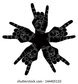 Five rock hands abstract symbol, black and white vector special emblem with human hands.