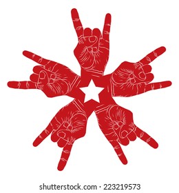 Five rock hands abstract symbol with five point star, black and white vector special emblem with human hands.