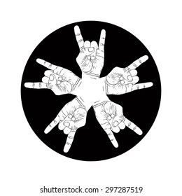 Five rock hands abstract symbol, black and white vector special emblem with human hands.