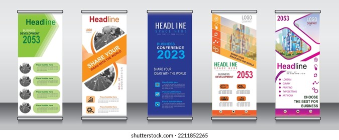 Five roll up banner template design, banner, layout, advertisement, pull up, polygon background, vector illustration, business flyer, display, x-banner, flag-banner, Info graphics, presentation.