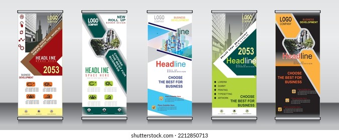 Five roll up banner template design, banner, layout, advertisement, pull up, polygon background, vector illustration, business flyer, display, x-banner, flag-banner, Info graphics, presentation.