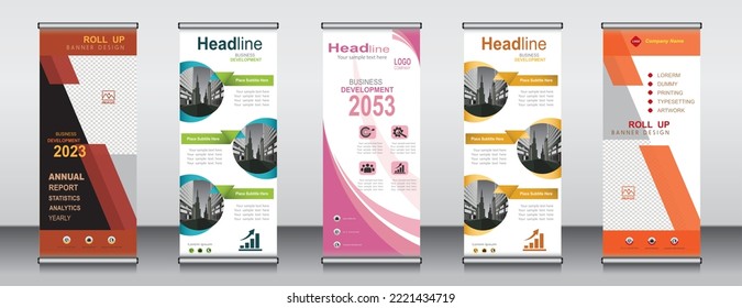 Five roll up banner template design, banner, layout, advertisement, pull up, polygon background, vector illustration, business flyer, display, x-banner, flag-banner, Info graphics, presentation.