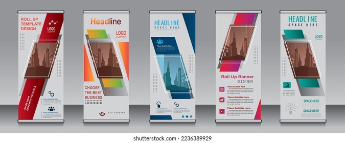 Five roll up banner template design,banner layout, advertisement, pull up, polygon background.