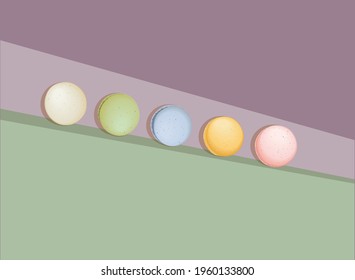 five rolling colorful macarons in pastel colors in side view – vector illustration