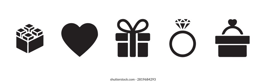 Five romantic icons featuring chocolate box heart shape gift ring for special occasion celebrations.