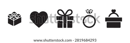 Five romantic icons featuring chocolate box heart shape gift ring for special occasion celebrations.