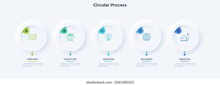 Five round buttons placed in horizontal row. Concept of 5 successive stages of business project development process. Neumorphic infographic design template. Modern vector illustration for banner.