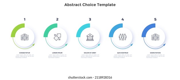 Five round charts with arrows placed in horizontal row. Concept of process of completion of 5 startup projects. Modern flat vector illustration for business information visualization, presentation.