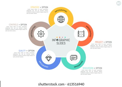 Five round elements with linear symbols inside located around pentagon. Main features of strategic management model concept. Minimal infographic design template. Vector illustration for presentation.