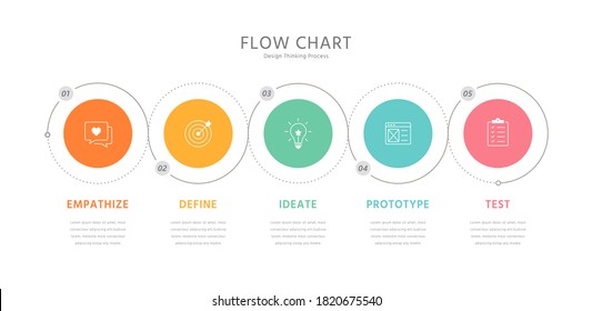 Five round elements placed in horizontal row and connected by wave. Diagram representing five stages of business process flow chart.