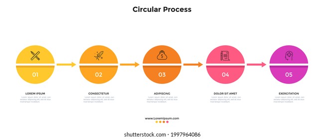 Five round elements placed in horizontal row and connected by arrows. Concept of 5 steps of business project. Simple infographic design template. Modern vector illustration for data visualization.