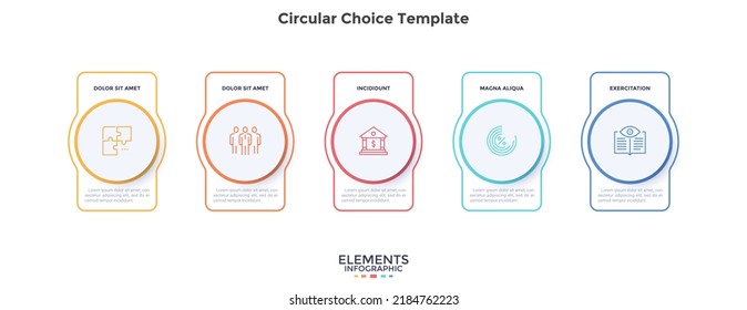 Five round elements placed in horizontal row. Concept of 5 options of startup project to select. Simple infographic design template. Modern flat vector illustration for business data visualization.