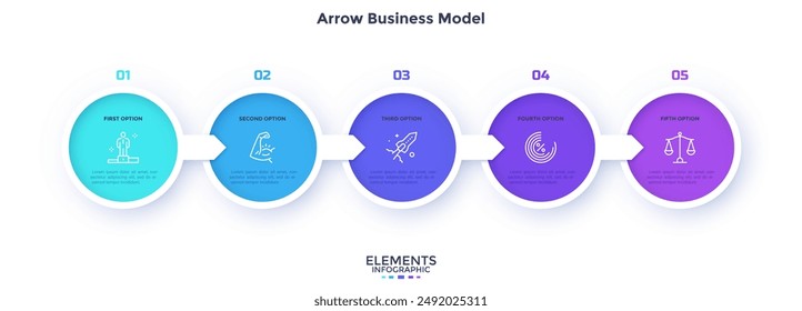 Five round elements placed in horizontal row and connected by arrows. Concept of 5 successive stages of business career development. Modern flat vector illustration for data analysis, presentation.