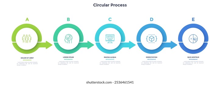 Five round elements placed in horizontal row and connected by arrows. Concept of 5 successive stages of business career development. Modern flat vector illustration for data analysis, presentation.