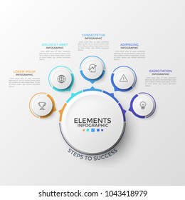 Five round elements with thin line pictograms inside and arrows pointing at main circle. Concept of circular web pop-up menu with 5 options. Modern infographic design template. Vector illustration.