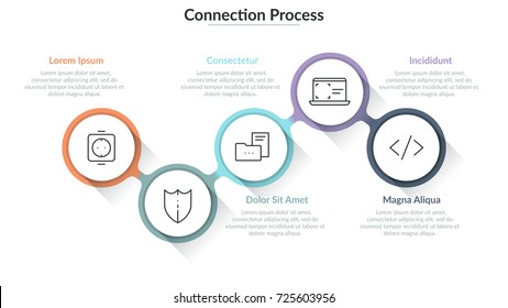 Five round elements with thin line icons inside connected into chain and text boxes. Concept of process with 5 successive steps. Simple infographic design template. Vector illustration for report.