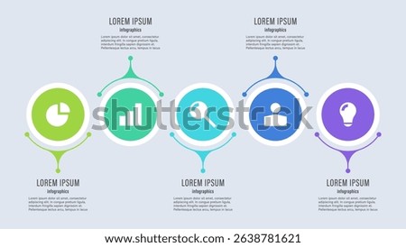 Five round infographic elements with business icons and space for data.