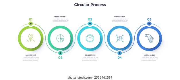 Five round paper white elements with linear symbols inside, translucent line curving around it and text boxes. Concept of 5 steps to business growth. Infographic design template. Vector illustration.