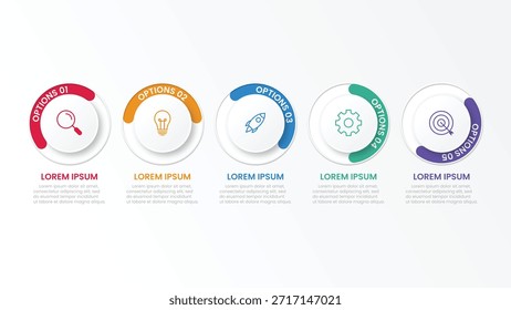 Fünf runde weiße Papierelemente mit linearen Symbolen im Inneren, eine durchsichtige Linie, die sich um sie herum krümmt, und Textfelder. Konzept von 5 Schritten zum Geschäftswachstum. Vorlage für Infografik-Design. Vektorgrafik.
