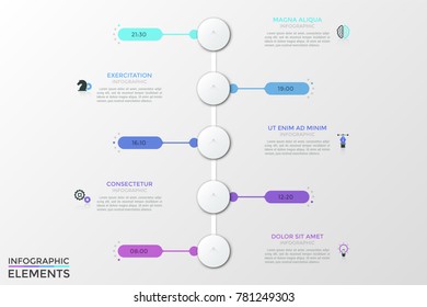 Five Round White Elements Arranged In Vertical  Row, Time Indication, Thin Line Icons And Text Boxes. Concept Of Appointment Planner, Schedule Or Reminder. Modern Vector Illustration For Website.