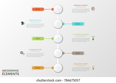 Five round white elements arranged in vertical  row, time indication, thin line icons and text boxes. Concept of appointment planner, schedule or reminder. Modern vector illustration for website.