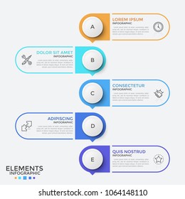 Five rounded elements arranged into vertical row in staggered way. Concept of list with 5 stages or steps. Modern infographic design template. Vector illustration for presentation, brochure.