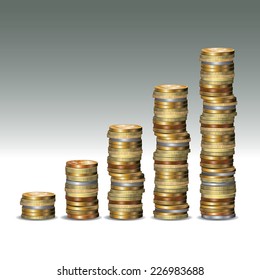 Five rows of coins isolated on background. Vector illustration