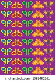 Five rows of colorful abstract butterflies on a purple background