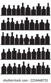 Five rows of various types of liquor bottles in silhouette