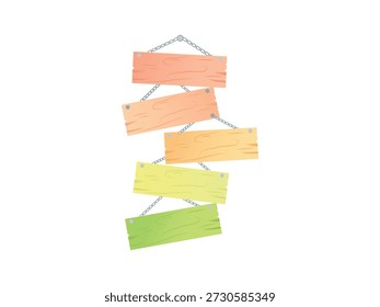 Five rustic wooden planks, each a different color, hanging by chains, ready for custom messages