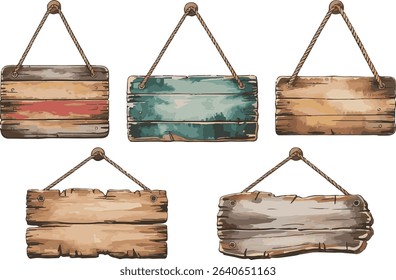 Five rustic wooden signs hanging isolated on white background	