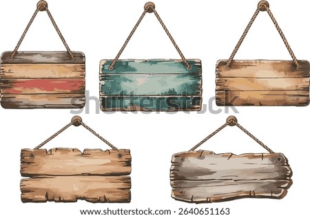 Five rustic wooden signs hanging isolated on white background	