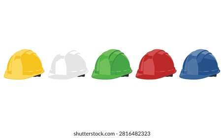 Five safety construction helmets displayed in a row featuring distinct colors including yellow, white, green, red, and deep blue shades.