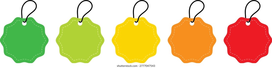 Five scalloped retail price tags in green, yellow, orange, and red colors. Each label includes a black hanging loop and white stitched border detail. Ideal for e-commerce websites, seasonal sales flyers, and retail marketing materials. Useful for displaying discounts, pricing information, and promotional offers to customers.