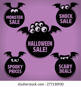 Five Scary Black Flying Little Monster Halloween Sale Icons on Purple background