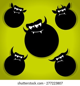 Five Scary Black Horned Little Devil Halloween Icons on Green background