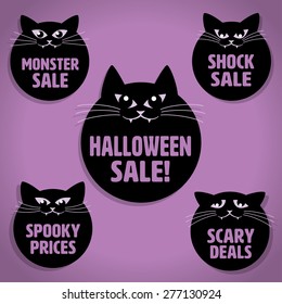 Five Scary Black Little Cats with Whiskers Halloween Sale Icons on Purple background