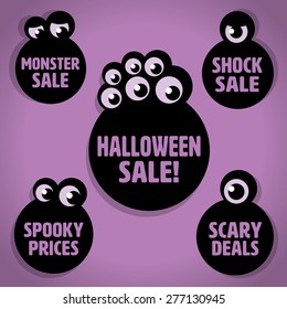 Five Scary Black Little Eyeball Monster Halloween Sale Icons on Purple background