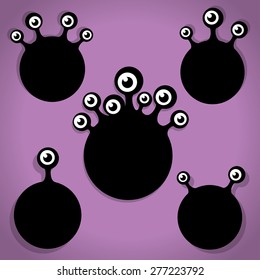 Five Scary Black Little Eyeball Halloween Icons on Purple background