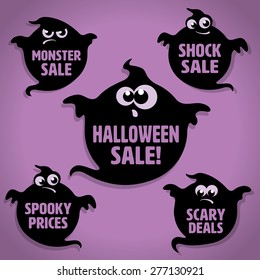 Five Scary Black Little Ghost Halloween Sale Icons on Purple background