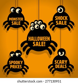 Five Scary Black Little Spider Halloween Sale Icons on Orange background