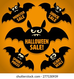 Five Scary Little Black Bat Halloween Sale Icons on Orange background