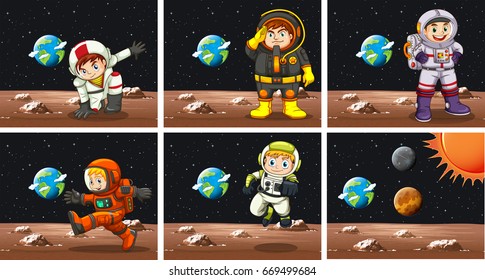 Five scenes with astronauts in space illustration