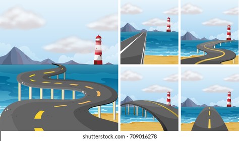 Cinco escenas de una carretera a través de la ilustración del océano
