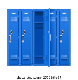 Five school lockers with combination locks on a white background. Locker with an open door. Vector illustration