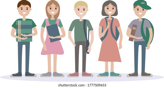 Five schoolchildren, boys and girls standing next to each other. They're holding books, textbooks and backpacks. Vector illustration of the character